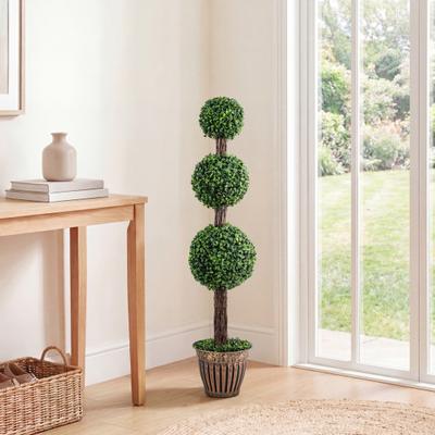 Costway 4 FT Artificial Triple Ball Boxwood Tree with Cement-filled Retro Planter-Green