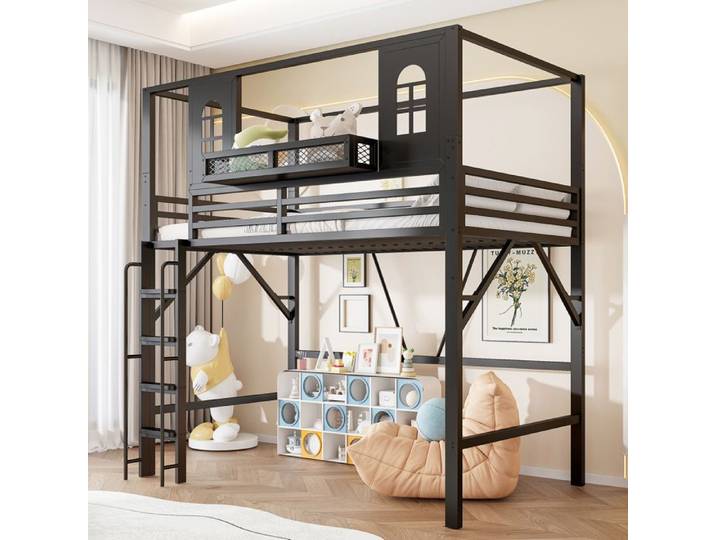 Lit mezzanine 90x200cm Lit enfant avec toit et fenêtre Lit Superposé Métal avec escalier Lit simple lit mi hauteur enfant Noir