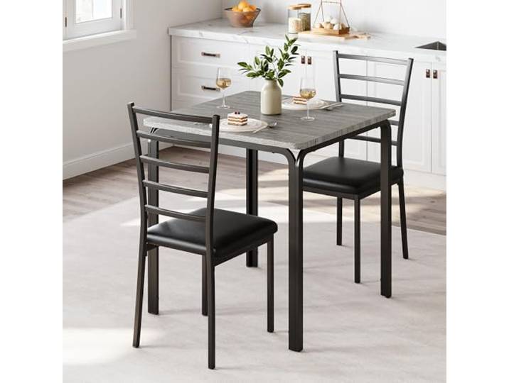 GarveeMore 3-Teiliger Kleiner Esstisch Mit 2 Polsterstühlen, Quadratisches Küchentisch-Set Mit Metallbeinen, Platzsparende Essgruppe Für Frühstücksecke, Wohnung, Esszimmer, Grau