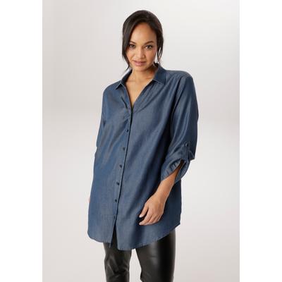 Jeansbluse ANISTON PLUS, Damen, Gr. 44, blau, Web, Obermaterial: 100% Lyocell, unifarben, figurumspielend Po-bedeckend, Krempelärmel, Blusen Jeansbluse, aus weicher Lyocell Qualität