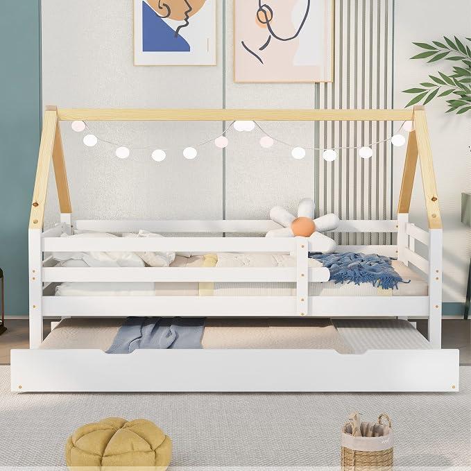 Kinderbett Ausziehbett Hausbett Montessori Bett Baumhausbett Schiebebett mit Rollen unten, reines Massivholz, naturfarbener Dachstuhl, Weiß(90x200 & 90x190CM)