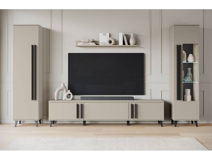 Wohnwand HOME AFFAIRE Helsinki, Modernes Set mit verglaster Vitrine , braun (congo), B:260cm H:159,5cm T:33cm, Holzwerkstoff, Kastenmöbel-Sets, Wohnwand, mit lamellengriffen, verstellbaren Einlegeböden und Kunststofffüssen