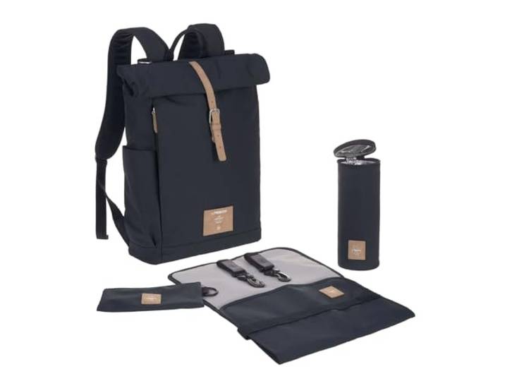 LÄSSIG Wickeltasche, Wickelunterlage, Kinderwagenbefestigung, Flaschenhalter/GRE Rolltop Backpack, Blau (Night Blue)