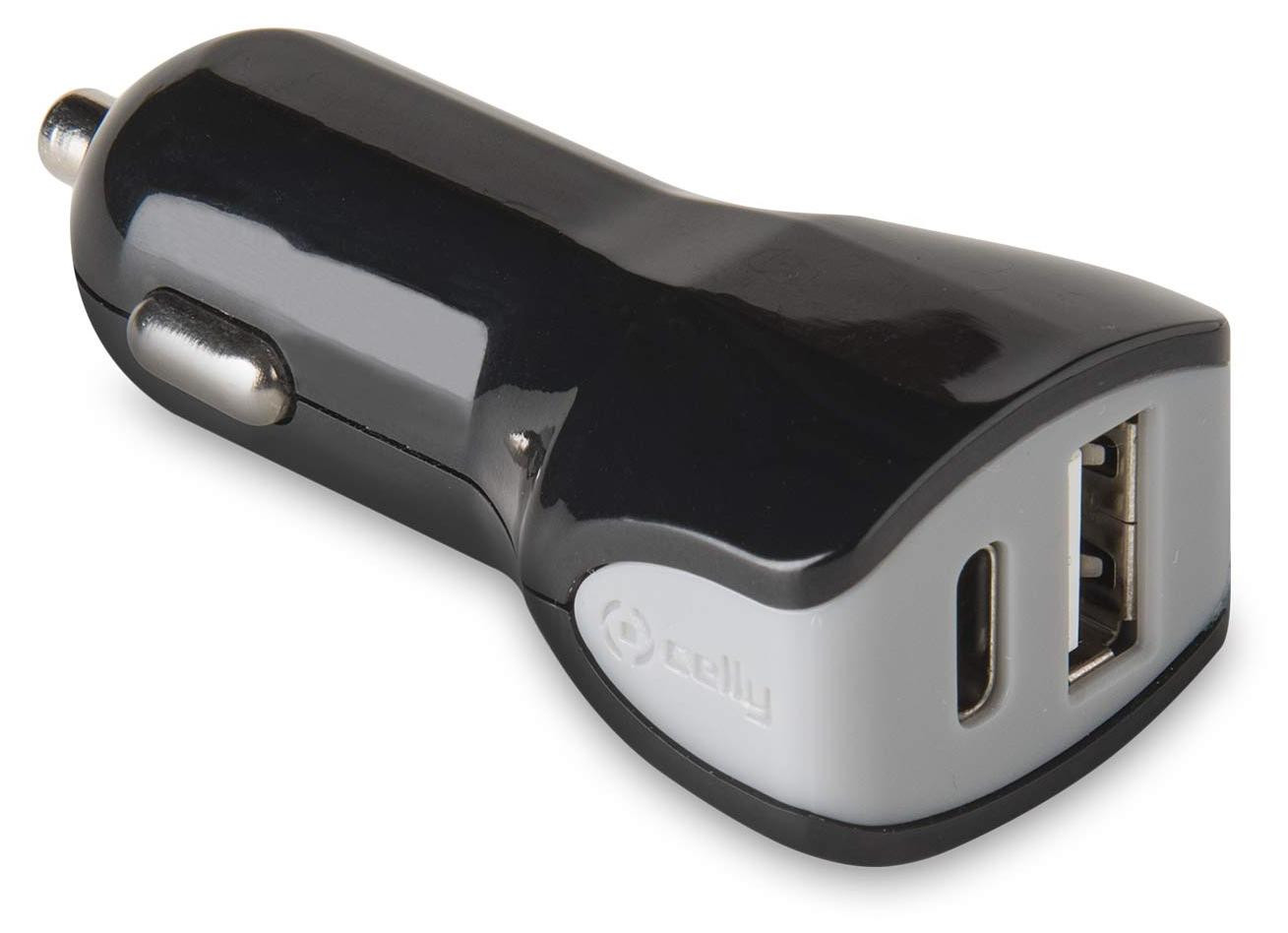 Celly autolader met 2 USB-poorten en Type-C aansluiting, zwart