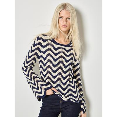 Streifenpullover APRICOT "Gestreifter Pullover aus Pointelle-Strick", Damen, Gr. S (36), blau (navy), Strick, Obermaterial: 100% Polyester PES., Normale Länge, Bogenkante, Pullover Streifenpullover, Gemustert