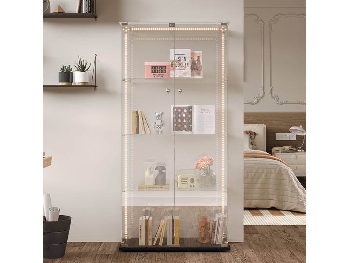 Vitrine en verre Rosahqnda, vitrine sur pied, 3/4 niveaux, 2 portes, LED et serrure, vitrine en verre, salon, chambre à coucher