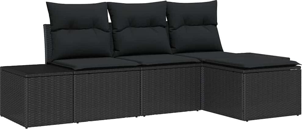 Garten Lounge Set, 4-teiliges Sofa mit Kissen, wetterfestes Poly Rattan, modular, UV-beständig, Schwarz, 3 Sitzplätze