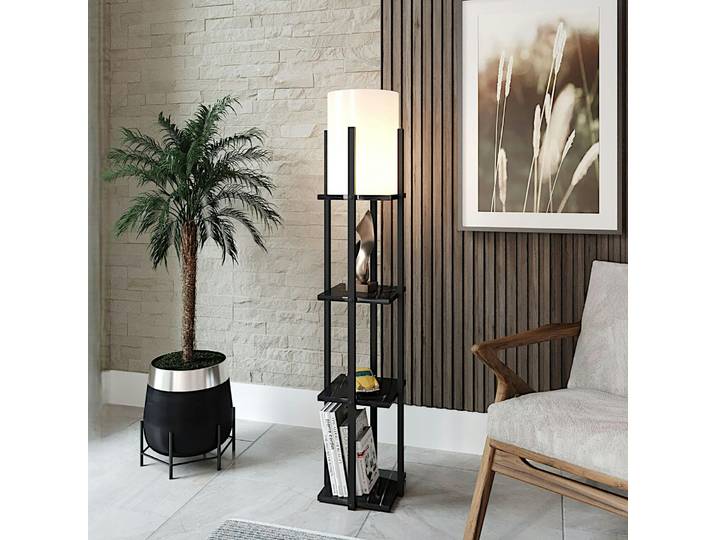 Lampadaire avec étagères en bois KILIS - Noir