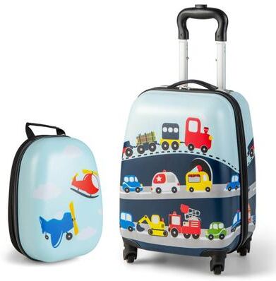 Costway 2 Pieces Kids Carry-on Luggage Set with 12 Inch Backpack-Blue