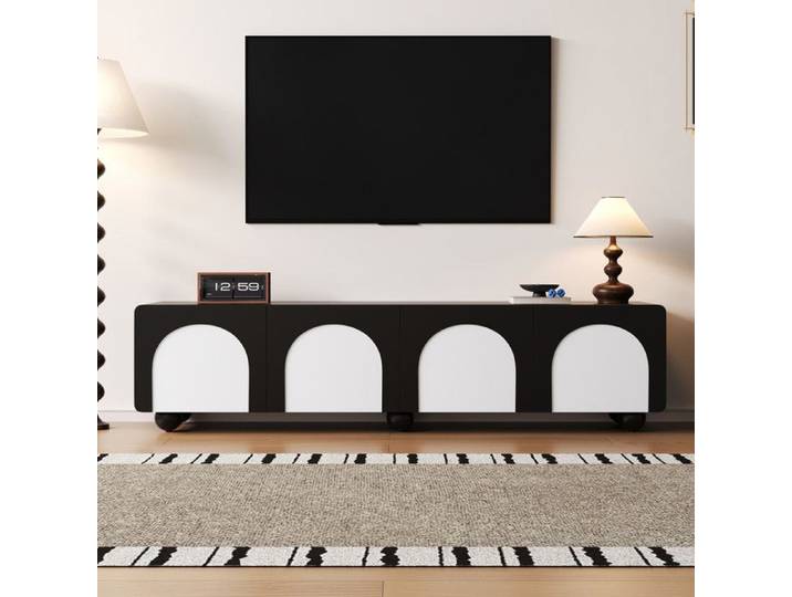 Meuble TV télé 180x38x45 cm à 2 tiroirs et 2 portes meuble TV panneau TV meuble TV bas. Design classique noir et blanc