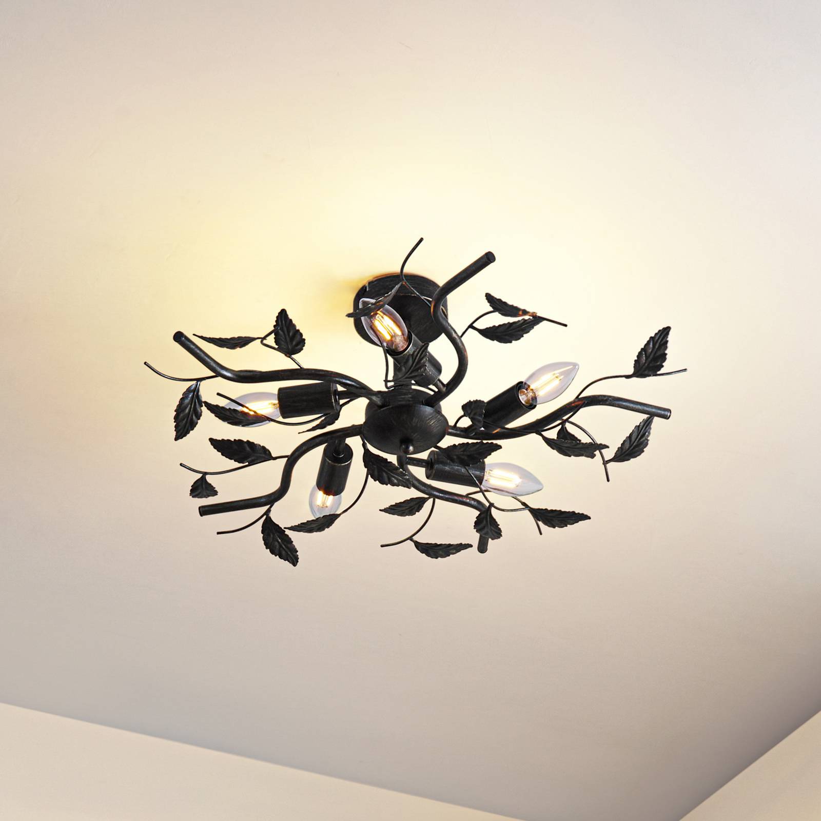 Deckenlampe Yos Lindby, dimmbar, schwarz, für Schlafzimmer, Metall, Florentiner, Deckenlampe