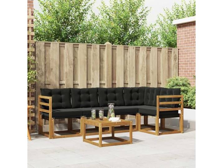 RJPLMFV Sofa-Set für den Außenbereich, 6-teilig, Akazie, Natur, Schwarz Abnehmbare Kissen, Reißverschluss, wetterfester Stoff, atmungsaktive Textilene-Sitzfläche, Lattenrost, Wasserablauf