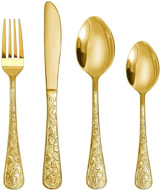 Unyqoos bestekset voor 6 personen, 24-delig, goudkleurig vintage design met houtsnijmotief, roestvrij staal