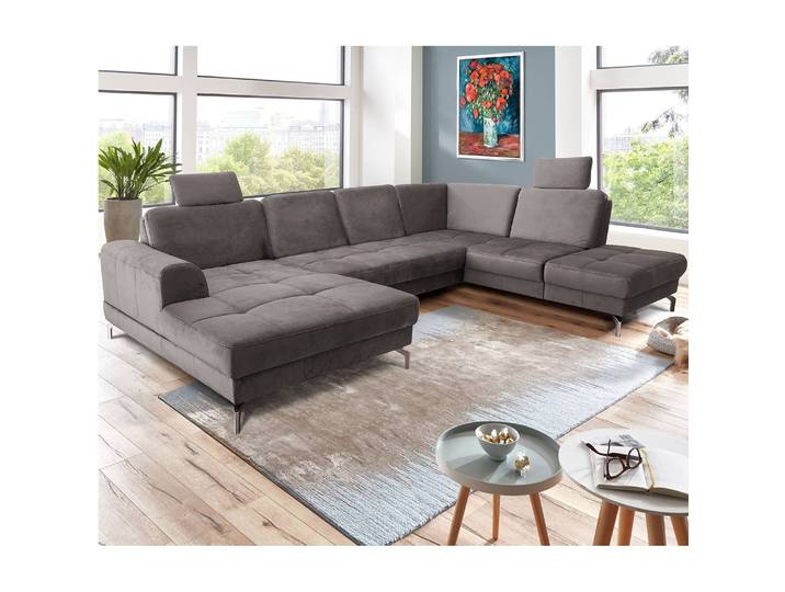 Wohnlandschaft Lascaux Grau Samt Ravi 332 x 87 x 227cm Longchair davorstehend links / Ottomane rechts Modern
