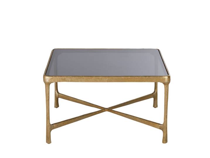 Table basse en fonte d'aluminium effet laiton vieilli et verre trempé L81
