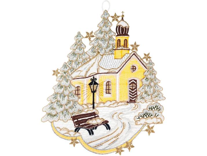 Fensterbild Kapelle Gr. 1, gelb (ecru, goldfarben, hellgelb), B:20cm H:24cm, Polyester, W. REUTER & SOHN - PLAUENER SPITZE, Fensterbilder, Fensterbild, Made in Germany