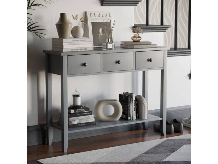 Table console Windsor avec 3 tiroir et étagère – Meuble de couloir d'appoint ou coiffeuse gris