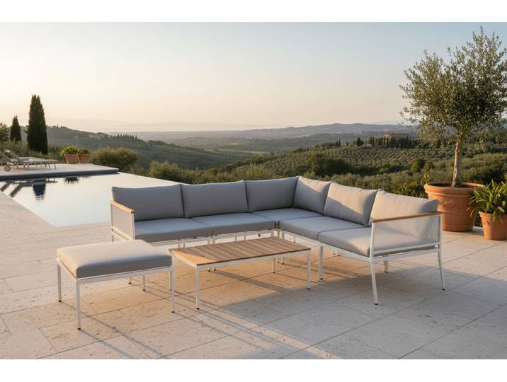 Garten Loungeset Luana – in Weiß & Schwarz mit Teak-Tisch & Polstern - Weiß - Luxusbetten24
