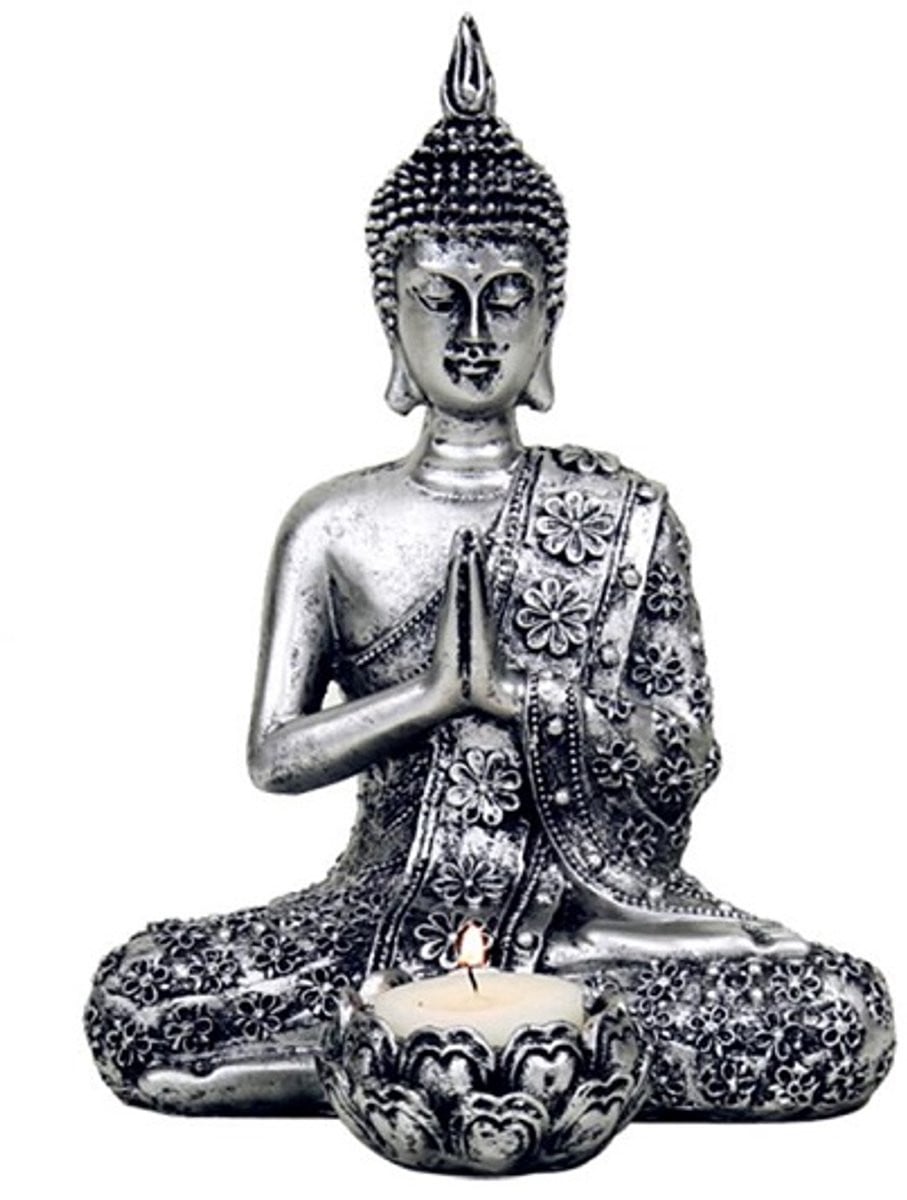 Yogi & Yogini Boeddha met kaarshouder voor tealight, zilverkleurig, polyresin