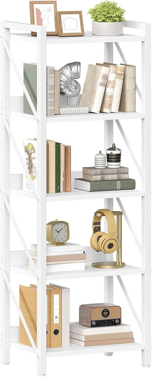 Moderne 5-laagse ladderboekenkast met achterpaneel, vrijstaande opbergplank voor woonkamer, slaapkamer of kantoor, wit