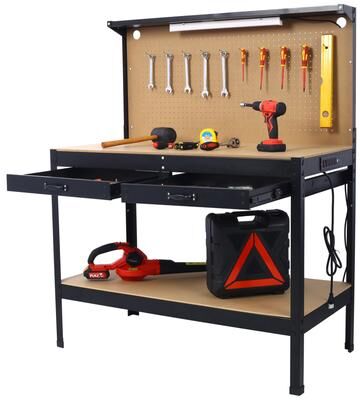 "Steel Workbench Work Bench Workshop Tools Table w/Drawer & Peg Board,4 AC outlets & 2 USB Ports - 47.5""W"