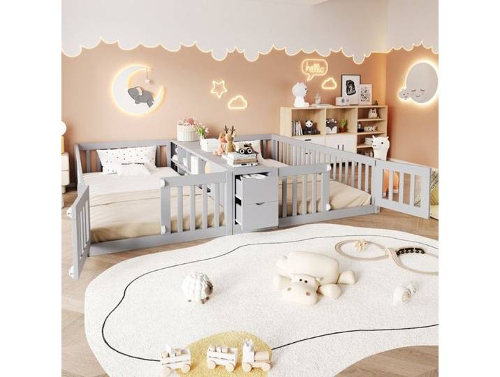 Lit enfant bois gris 90x200 cadre double tiroir étagère double barrières de sécurité hautes sans matelas Sans Matelas
