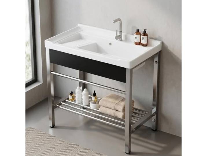 Edelstahl Spültisch mit Gastro Armatur, freistehendes Waschbecken Hochwertiger Edelstahl, Gastro Spüle, rutschfeste Füße, einfache Montage(No faucet,39.8in(101cm))