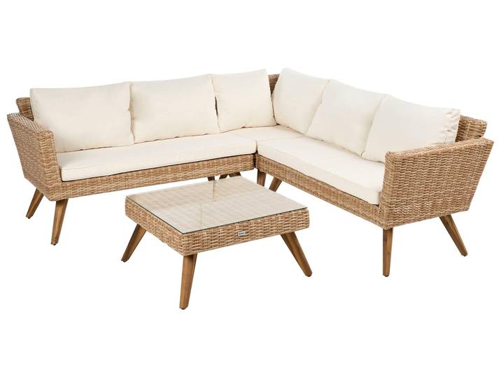 BELIANI Gartenmöbel Set Hellbraun und Cremeweiß Rattan 6-Sitzer Ecksofa mit Holzbeinen Couchtisch Auflagen Rustikales Terrassen Garten Lounge Set