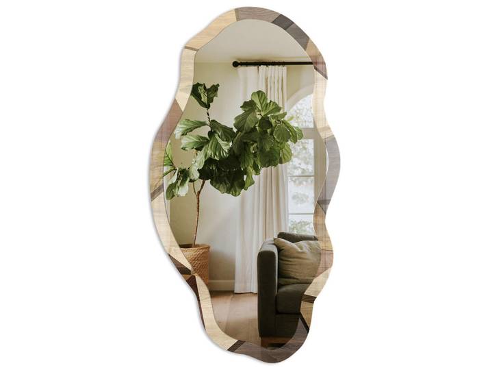 Tulup Spiegel 90x45 cm asymmetrisch mit Druck - Holzgeometrie, Transparent, Glas, Organisch, 45x90x0.4 cm, Spiegel, Wandspiegel