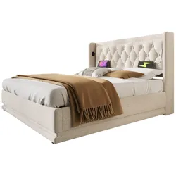 Polsterbett 160x200 cm aus Baumwolle mit Stauraum und USB-Anschlüssen – Elegantes Design und moderne Funktionen