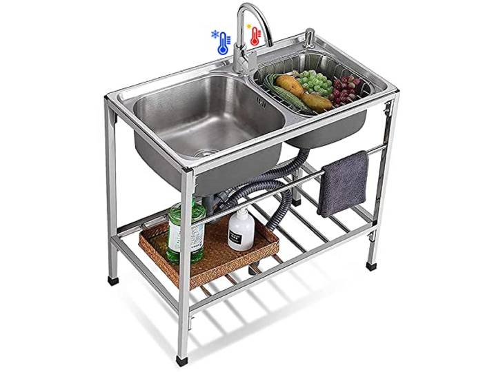 Spültisch Edelstahl Gastrospüle Abwaschbecken Spüle Spülbecken Waschbecken Freistehender Spültisch Becken mit Doppelbecken Zubehör mit Wasserhahn mit Kalt und Warmwasserschläuchen 80cmx43cmx75cm