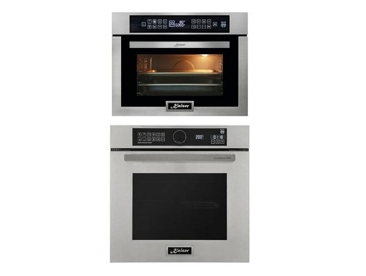 Kaiser Küchengeräte Backofen-Set Herd Set Autark Edelstahl Backofen 60 cm mit Anti touch-Effekt, 79 (L), Air Fry, Heißluft, Temperatursonde, Pizzastein, Drehspieß+Multifunktions-Elektro-Backofen mit Mikrowelle, Ober-/Unterhitze, Heißluftsystem und Heißluftfritteuse, GRAND CHEF Design Edelstahl mit Anti touch Effekt, Touch control EH 6451+EM 6307 R, mit 1-fach-Teleskopauszug, Katalytische Selbstreinigung, Dampfreinigung