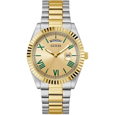 Quarzuhr GUESS "CONNOISSEUR", gold (silbergoldfarben, champagnerfarben), Armbanduhren, Herren, silberfarben, Quarzuhr, Armbanduhr, Herrenuhr, Datum, Wochentag, Edelstahlarmband