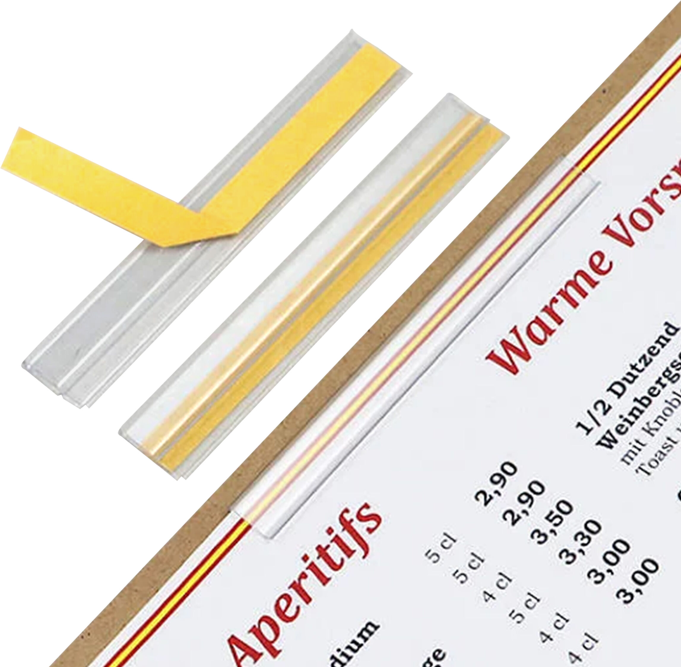 SPRINTIS 100 Unités - Clips de fixation pour carte de restaurant, 100 mm, transparent, auto-adhésif, 1 mm, plastique