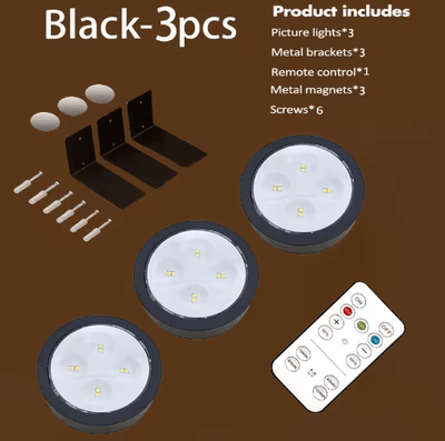 Inspire Picks Battery Operated Magnetic Picture Light Dimmable LED Art Display Light With Remote & Timer (Black) black 3pcs