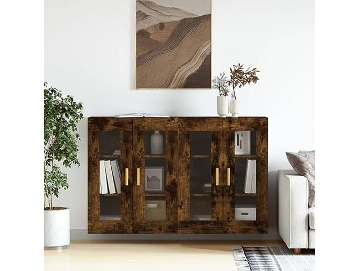 RJPLMFV Wandschränke, 2 Stück, rauchfarbene Eiche, Holz Glastür, Wandbefestigung, vielseitige Aufbewahrung, feuchtigkeitsbeständig