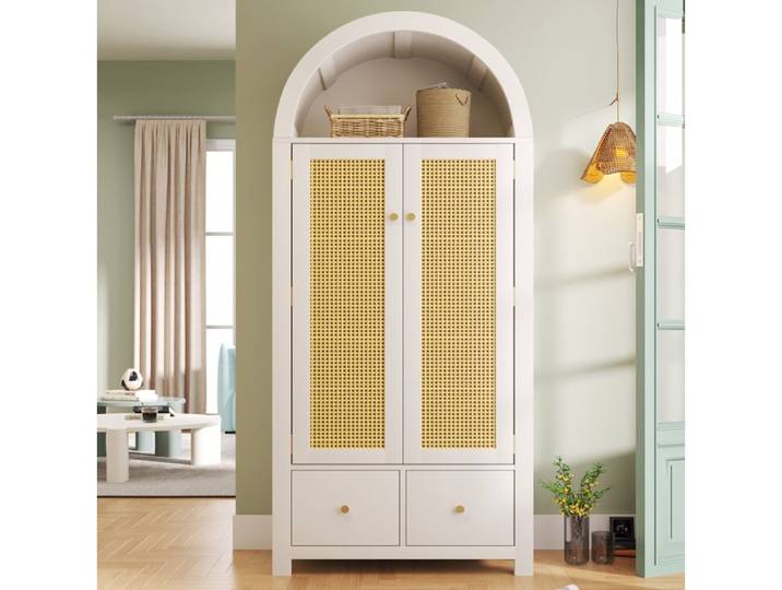 Armoire garde-robe blanche en rotin tressé style campagne avec 2 tiroirs et barre de penderie JOINERY