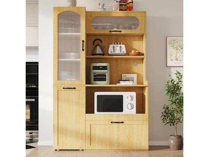 Buffet haut - SOGEU - Naturel - Étagères réglables - Tiroirs intégrés - Portes en verre cannelé