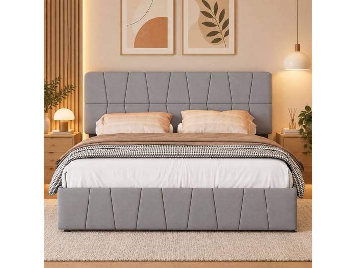 Lit Double Capitonné 160x200cm Cadre de LIt Double 160x200cm LIT 2 Personnes avec 4 Tiroirs de Rangement Sommier à Lattes Gris