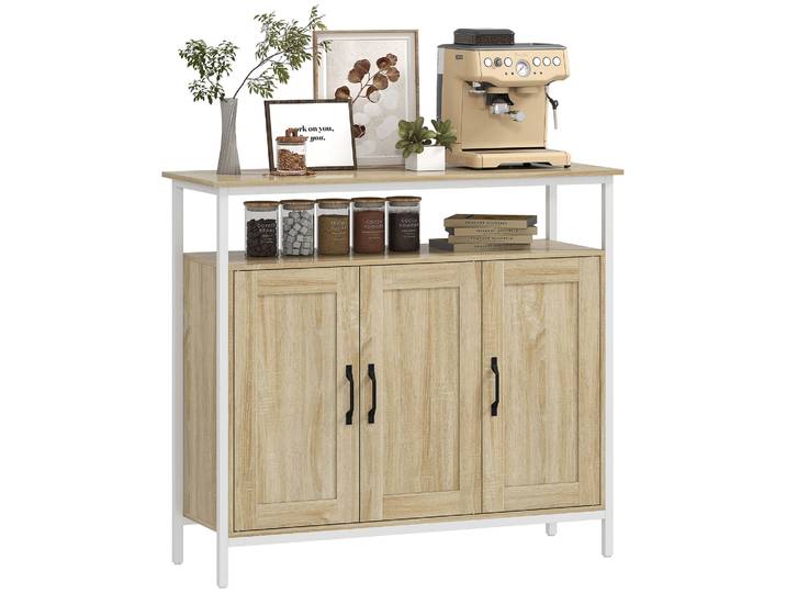 HOMCOM Buffet, meuble de rangement avec 3 portes, compartiment ouvert et 4 étagères réglables, cadre en métal, style industriel,