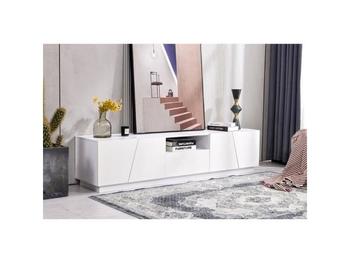 Meuble TV - MODERNLUXE - Style Moderne - Façade Brillante - 180x35x45 5 cm - Blanc