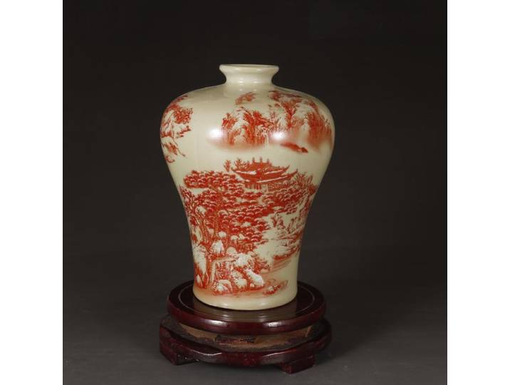 Collection chinoise joli travail d'art porcelaine alun paysage rouge Vases à pulme 6.49