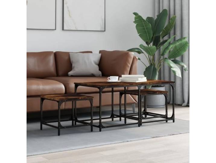 HEFZGDB Satztisch-Set 3 STK. Räuchereiche Holzwerkstoff Industriedesign Beistelltische Couchtisch Wohnzimmer Büro Langlebig Stauraum
