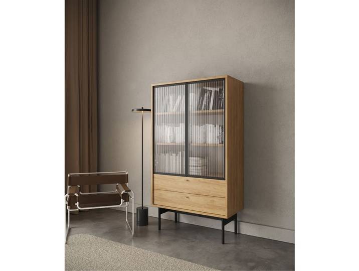 Vitrine basse - OLAR - 85cm - avec deux tiroirs - couleur du bois de caryer