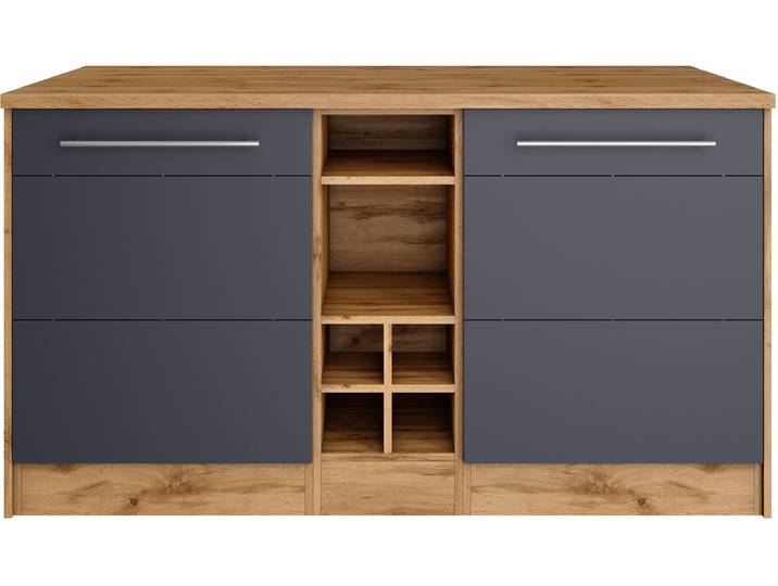 Kücheninsel KOCHSTATION KS-Wien , grau (küche: grau, front: anthrazit, korpus: wotaneichefarben, arbeitsplatte: wotaneichefarben), B:153cm H:85cm T:100cm, Komplettküchen-Sets, Kücheninsel, Breite 153 cm, MDF-Fronten, Flaschenregal