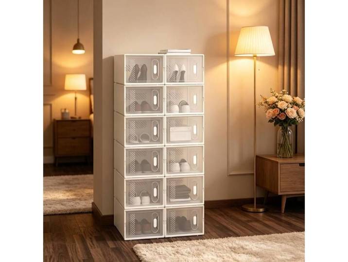 Meuble rangement chaussures lot de 12 boîtes à chaussures empilables transparent blanc porte avant plastique ORVRYN