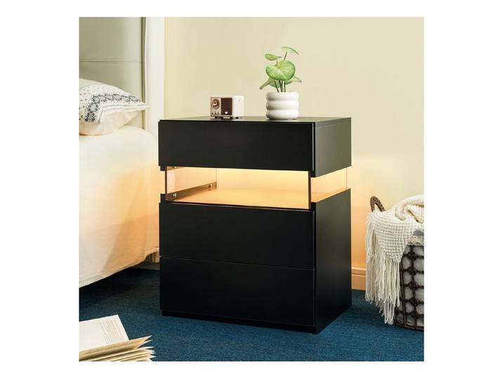 Celya Nachttisch LED-Nachttisch, 3 Schubladen, Kommode für Schlafzimmer-Beistelltisch, LED-Nachttisch mit Acrylplatte,für Schlafzimmer, Wohnzimmer, Esszimmer