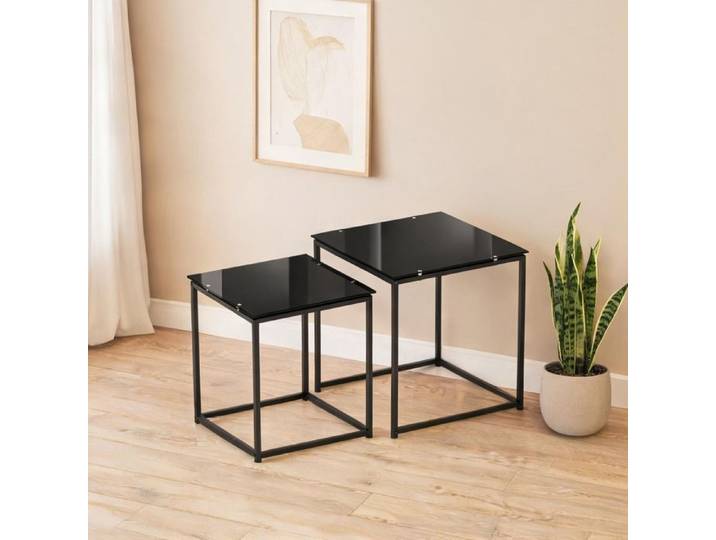 Table basse gigogne carrée acier noir verre trempé lot de 2 empilable 50x50cm