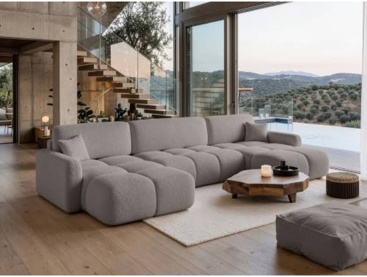 U-Form Wohnlandschaft 377x175 cm Bouclé mit Schlaffunktion (Anthology 17) Mit praktischem Bettkasten, komfortabler Polsterung und ideal für Familie, Gäste sowie den täglichen Gebrauch