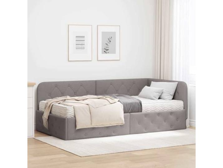Stoff Eckbettgestell platzsparendes L Design 100 x 200 cm Taupe Eckbettgestell mit Matratze Taupe 100 x 200 cm Stoff Ecksofa Bett mit Lattenrost Platzsparend Vielseitig